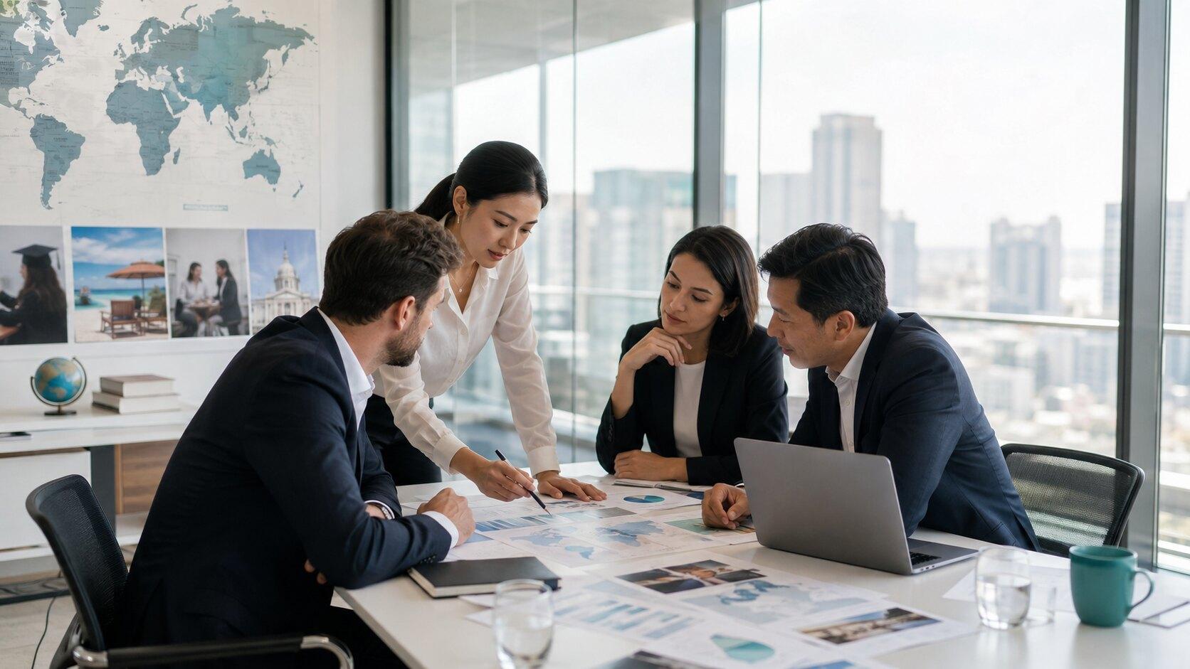 A cross-cultural strategy team reviewing campaign plans in a city office